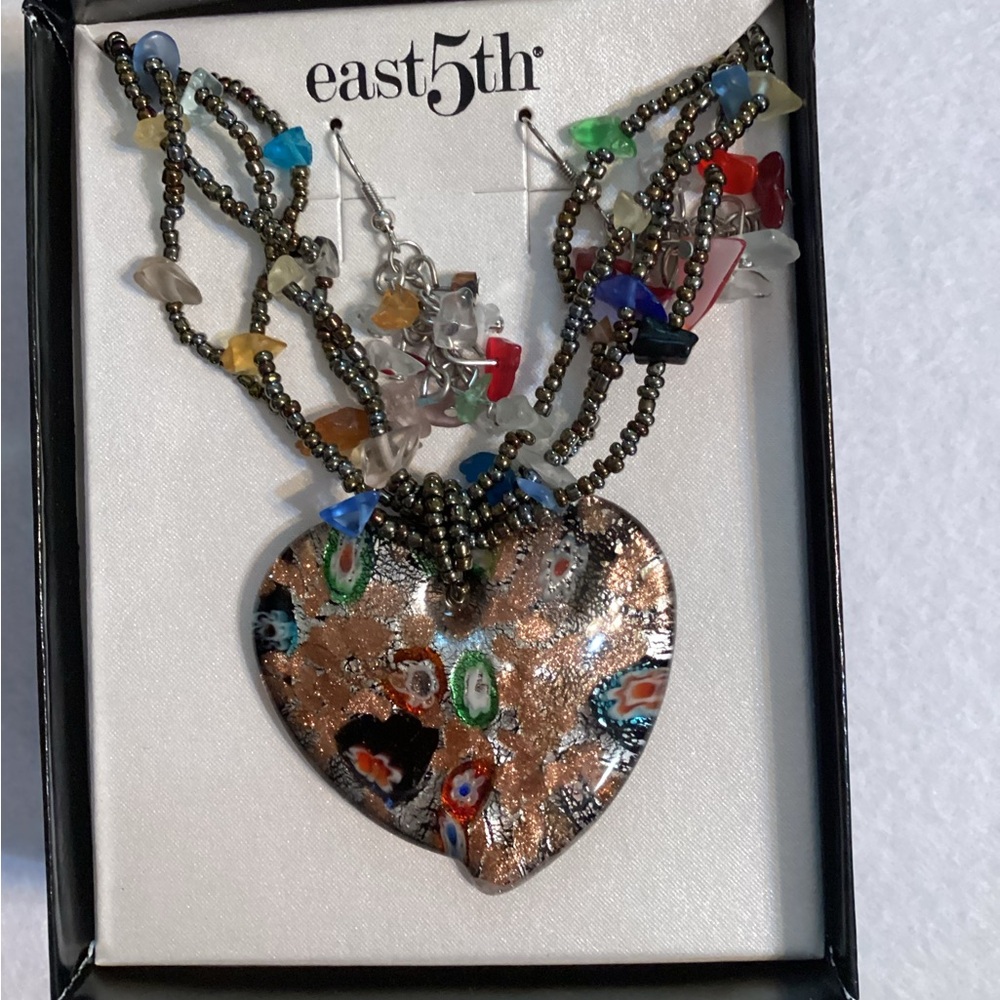 East 5th Colorful Heart Pendant Necklace with matching earrings. Pierced ears.